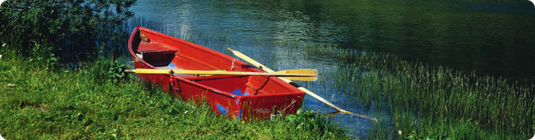 red row boat by the side of a river